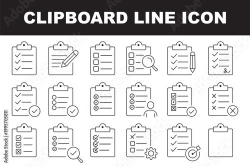 Task Management and To Do List Line Icons for Workflow and Planning. Collection of clipboard icons featuring checklists ticks and crosses. clipboards with checklist and tick mark boxes indicating task