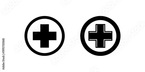 Medical Cross Icon Set in Circle Vector Black and White