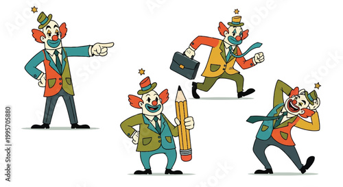 Cartoon clowns in business attire various poses isolated white background