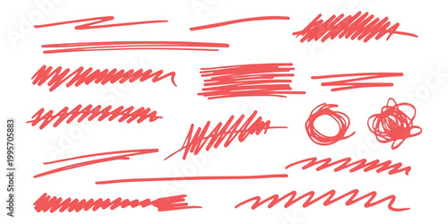 Set of hand drawn red pencil scribbles and highlight lines for text marking