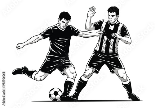 Football players competing for the ball during a dynamic match, illustrating athletic performance and sportsmanship vector design