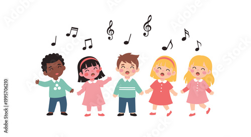 Diverse group of happy children singing together with musical notes in the air