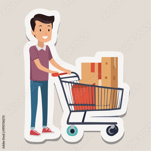Man Pushing Shopping Cart Full of Boxes and Bags