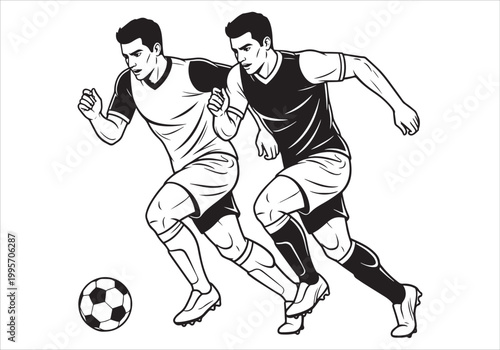 Two athletes playing football, one in a light jersey, the other in a dark jersey, running with a soccer ball, black and white vector design illustration