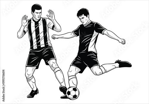 Two male soccer players in action during a game, one defending and one kicking the ball vector design