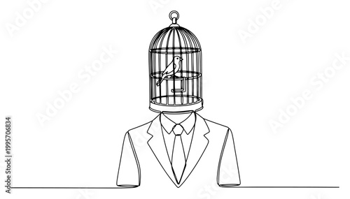 Canvas-taulu Businessman with birdcage head and bird inside representing mental limitation in