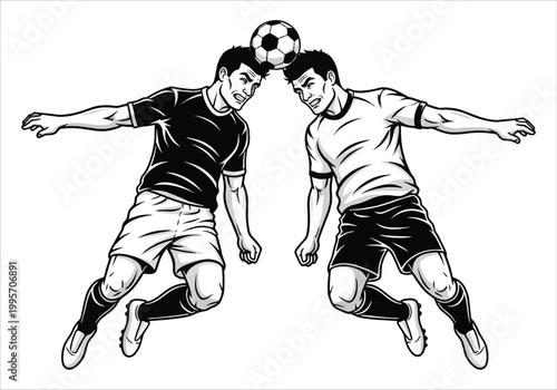 Two soccer players heading the ball during a match, emphasizing athletic competition and teamwork in sports vector design