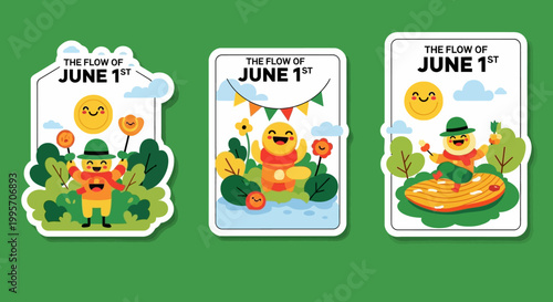 Cheerful June 1st Celebration Stickers with Smiling Characters and Festive Decorations.