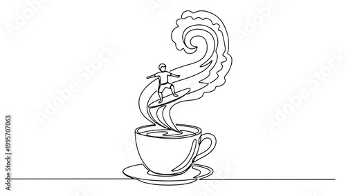Surfer riding a wave of coffee steam from a cup in continuous line art style