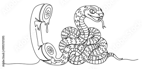 Snake coiled around a melting vintage telephone handset in continuous line art style