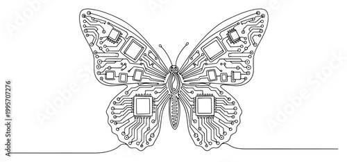 Butterfly with wings made of electronic circuit boards and computer chips in technical linear style