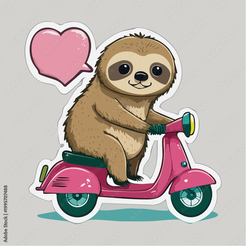 Fototapeta premium Cute Sloth Riding a Pink Scooter with a Heart Speech Bubble