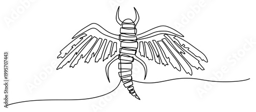 Insect creature with tattered wings on continuous line in surreal doodle style