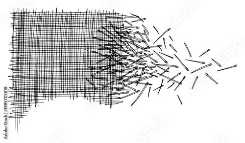 Hatched texture surface breaking apart into flying matchsticks in minimalist drawing style