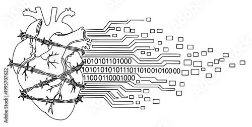 Human heart wrapped in barbed wire transforming into digital circuit lines and binary data