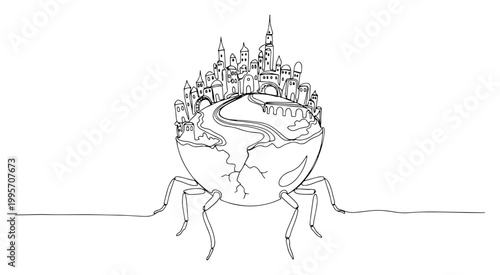 Surreal ancient city built on cracked sphere with insect legs in minimalist style