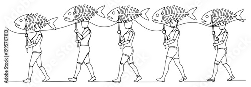 Cuadro en lienzo People carrying giant fish skeletons in ritual procession minimalist continuous