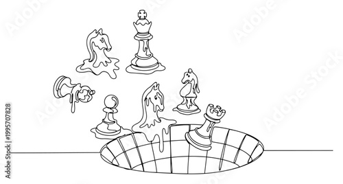 Fotografi Melting chess pieces falling into a dark hole in surrealist line art style