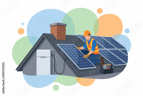 Solar Panel Installation on House Roof by Professional Technician
