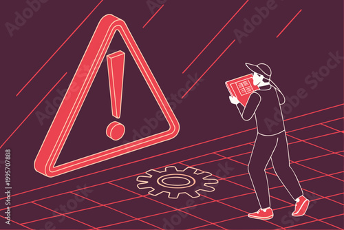 Cyber attack alert design with red triangle exclamation symbol and digital wireframe technology warning illustration concept.