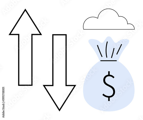 Financial growth, business trends, economic analysis, data exchange, investment decisions, and market fluctuation. Up and down arrows next to a money bag and cloud. Financial growth and business