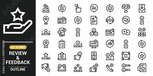 Customer review and feedback line icon pack, rating and testimonial vector symbols, user satisfaction, survey, opinion and evaluation outline icons set, editable stroke design