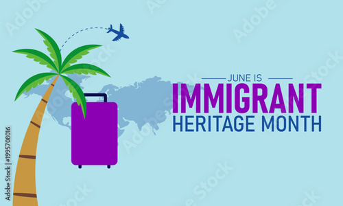June immigrant heritage month concept with tropical palm tree and airplane