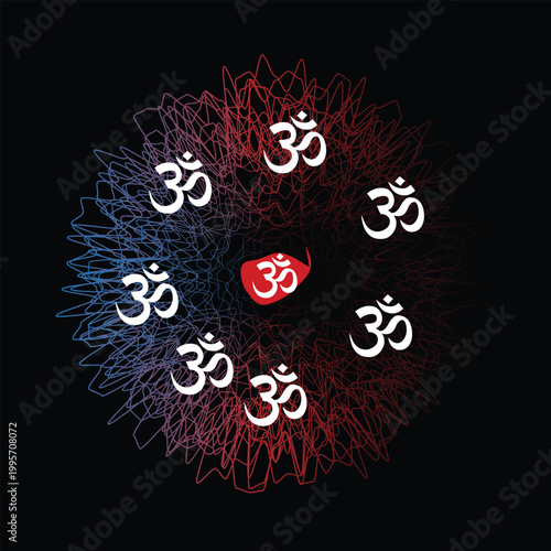 Indian mantra om with floral ornament on orange background. Ethnic folk vector