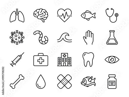 Medical and health themed icons with diverse health and science elements first aid kit medical symbols heartbeat stethoscope hospital bandages healthcare wellness medicine research