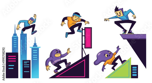 Cartoon illustrations of figures engaged in urban traversal activities
