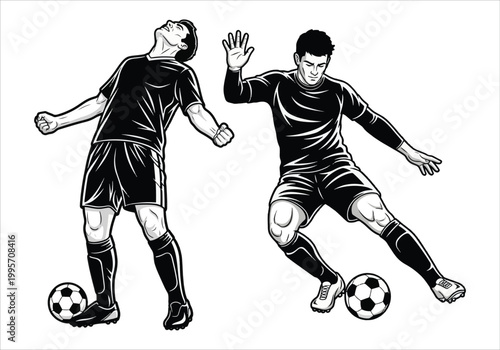 Dynamic Action Illustration of Two Soccer Players in Mid-Game, Showcasing Skill and Movement vector design
