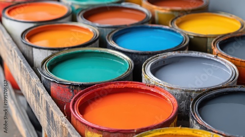 Rows of vibrant sealed paint cans in various colors, ready for storage and artistic projects.