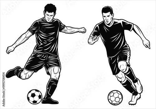 Black and white illustration of two male soccer players in action, one kicking the ball and the other dribbling vector design