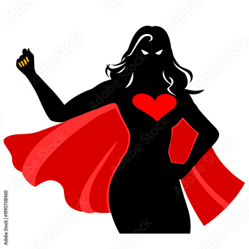 Mother’s Day Super Mom Illustration – Strong Woman Superhero with Heart Symbol, Empowering Mom Tribute Graphic for Celebration Design