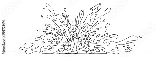Dynamic splash of liquid and crystal shards in minimal line art style