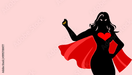 Mother’s Day Super Mom Banner Vector Illustration – Strong Female Superhero Silhouette with Heart and Cape, Empowering Mom Design for Cards and Social Media