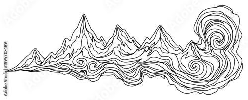 Mountain peaks surrounded by swirling wind and clouds in linear art style