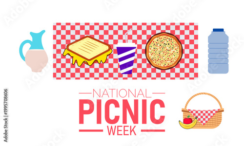 National picnic week graphic with food icons on red checkered background