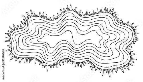 Abstract organic shape with nested contour lines and jagged edges in minimalist linear style
