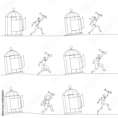 Set of continuous line drawing displays a man, woman, Arab, astronaut, and robot holding a key to escape from a birdcage. An excellent solution concept designed for a business blog banner.