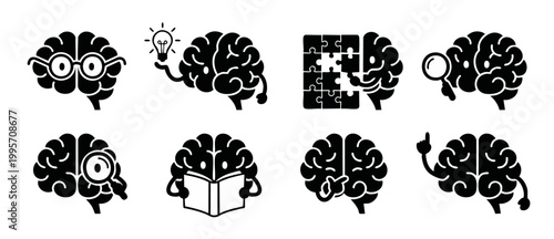 Brain Icon Set Creative Thinking and Problem Solving Symbols, Flat Vector Illustration of Human Mind Activities including Reading, Researching, Ideas, and Puzzles for Business, Education, and Psycholo