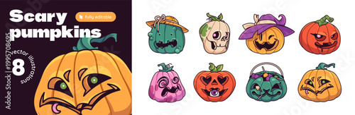 Set of cute and scary Halloween pumpkins. Spooky heads of Jack ghost with cut faces. Helloween lanterns from funny squash characters with creepy smiles. Flat isolated vector illustrations on white