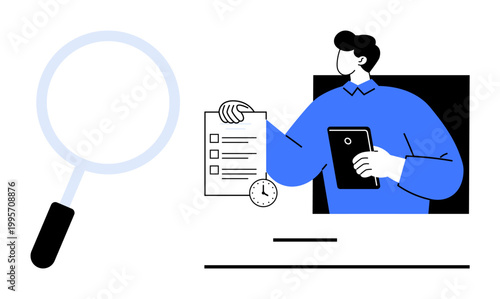 Office workflow, document auditing, business management, productivity tools, time tracking, research processes. A magnifying glass, a person holding a tablet and checklist. Document auditing