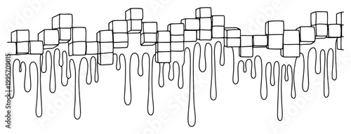 Geometric cubes with melting liquid drips in minimalist line art style