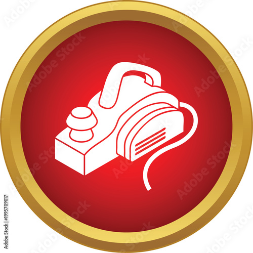 Electric planer icon in a red circle representing woodworking tools and renovation