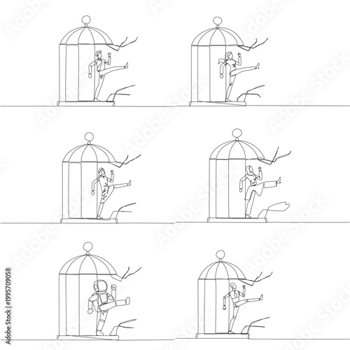 Set of single line drawing features a man, woman, Arab, astronaut, and robot kicking a birdcage to break free. A powerful breakthrough concept perfectly designed for a corporate poster layout.