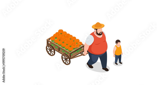 Farmer pulling a cart of oranges with his son on a white background.