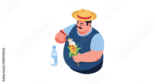 Farmer Preparing Delicious Corn on the Cob with Water Bottle.