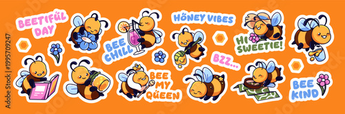 Set of cute bees. Sticker pack of funny honeybees with comic phrases. Happy bumblebees holding and eating honey, with flowers, reading books, drinking and flying. Flat isolated vector illustrations