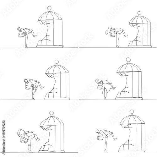 Set of continuous line drawing shows a man, woman, Arab, astronaut, and robot kicking a birdcage from outside. A powerful breakthrough concept designed perfectly for a business motivation poster.